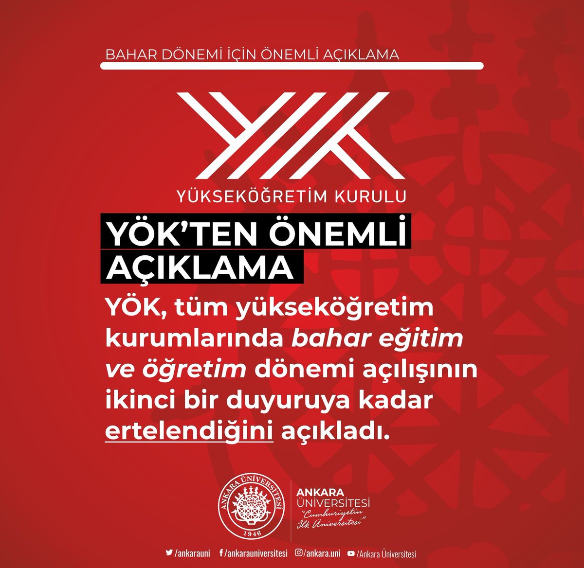‼️📣 YÖK'TEN ÖNEMLİ AÇIKLAMA

YÖK, tüm yükseköğretim kurumlarında bahar eğitim ve öğretim dönemi açılışının ikinci bir duyuruya kadar ertelendiğini açıkladı.