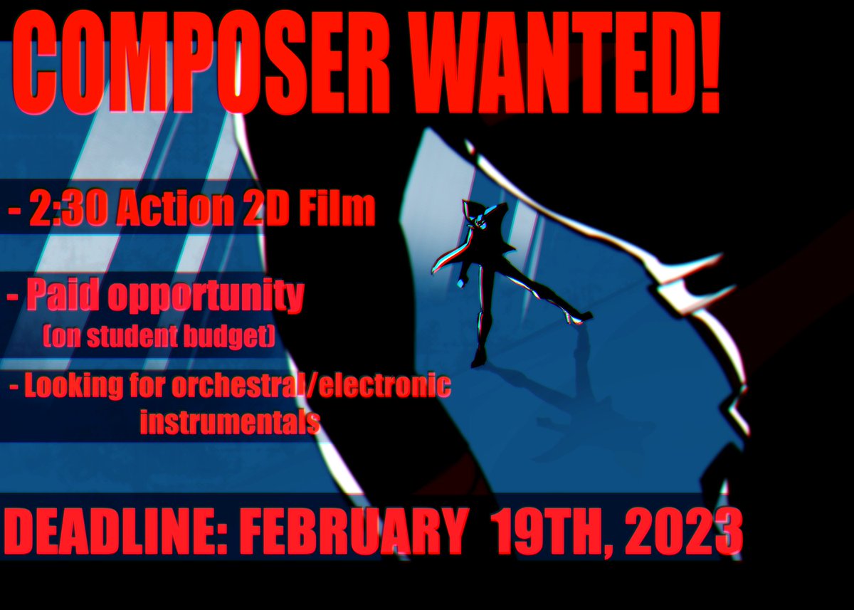 AilmoreBlues's tweet image. ‼️ COMPOSERS WANTED‼️

Hi! I'm looking for a composer to compose an original score for a roughly 2:30 ANIMATED action-packed short film! If this interests you, please check out the guidelines below and apply accordingly! Thank you! &amp;lt;3
docs.google.com/document/d/1_t…