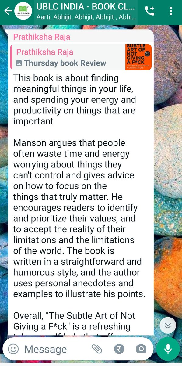 UBLCIndia's tweet photo. THURSDAY BOOK REVIEWS in the group is always energising. Thank you @PrathikshaOffl for today's book review on : Mark Manson’s 'The Subtle Art of Not Giving a F*ck'. https://t.co/jAOIEnACBJ