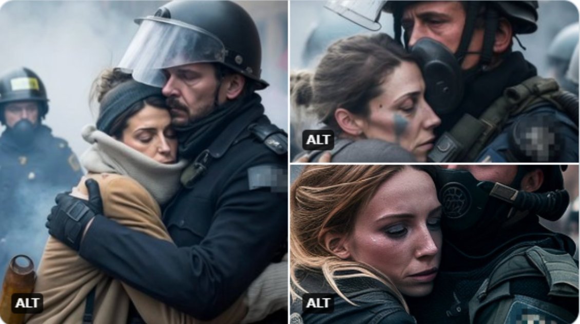 🤳 Jak odróżnić prawdziwe zdjęcia, od tych stworzonych przez sztuczną inteligencję?

Zdjęcia, które widzicie poniżej, rzekomo zostały zrobione podczas protestów we Francji ❌#FakeNews! 

Wyglądają prawie jak prawdziwe – gdyby nie jeden mały szczegół... Czy możecie go wskazać?🖖