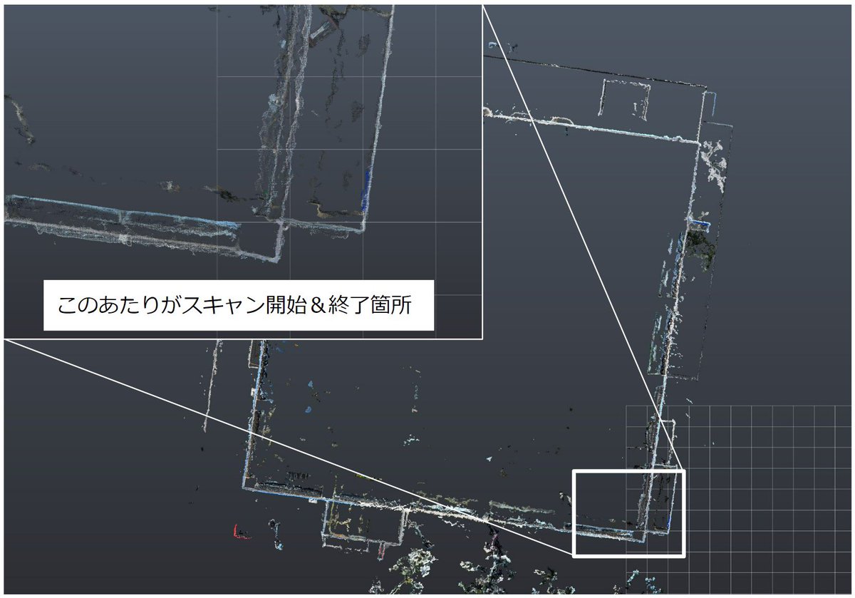 netch87's tweet image. #pointprecise で別の箇所のスキャン。
これは一周回って閉合するようにスキャンしてます。
予想通り、スキャン開始&amp;amp;終了地点でのギャップがほぼない。
壁の点群が抜けてる以外は、結構使い道あるんじゃないか？