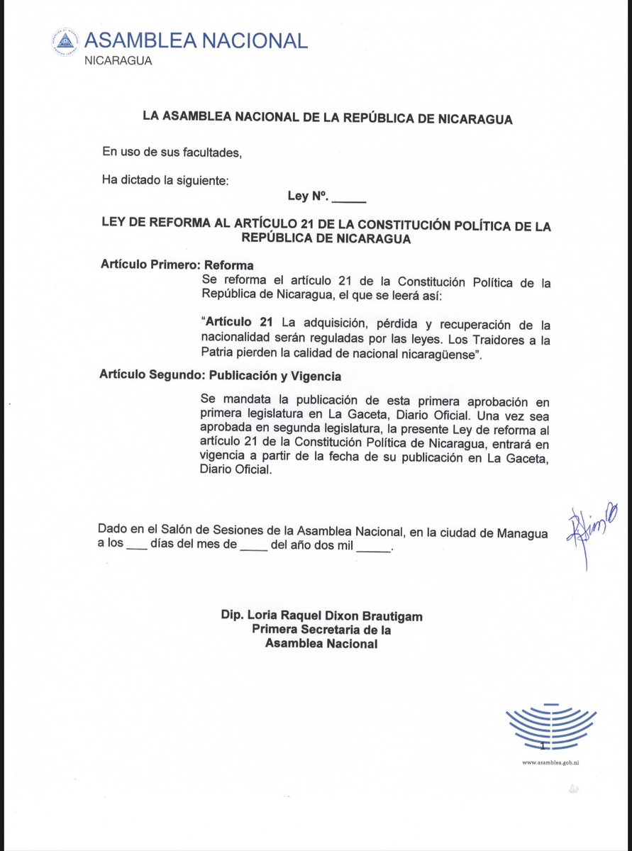 ⚖️ Estas son las 2 leyes que se acaban de aprobar en la <a href="/AsambleaNi/">Asamblea Nacional Nicaragua</a>:

1. Ley Especial que regula la pérdida de la ciudadanía nicaragüense.
2. Ley de reforma al artículo 21 de la Constitución Política de la República de #Nicaragua. 

#UnidosEnVictorias
#NoPudieronNiPodran