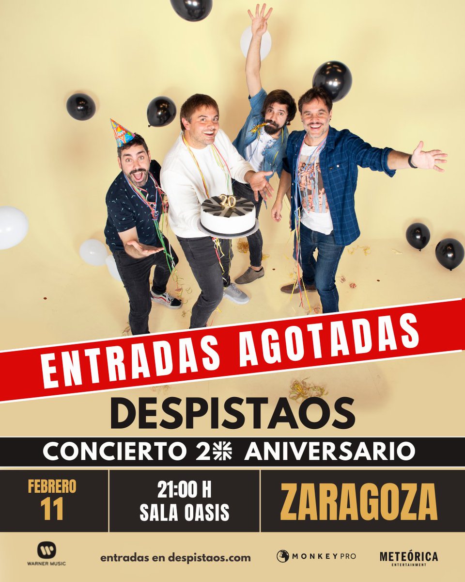 Despistaos's tweet photo. #Zaragoza, os queremos ❤️!!! GRACIAS por AGOTAR TODAS LAS ENTRADAS para el concierto de mañana!!! 🤘🙌#soldout #gira20aniversario https://t.co/3QzbkvQPHc