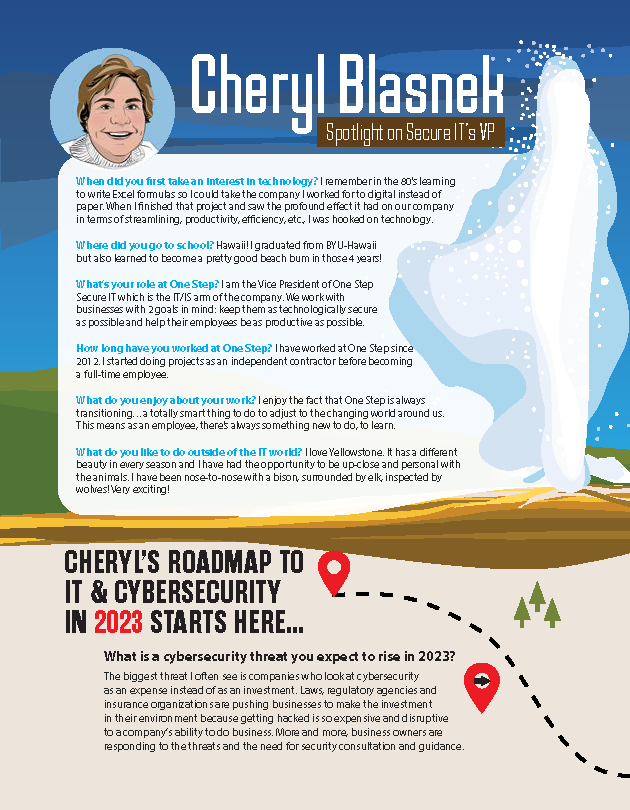 onestepsecureit's tweet photo. Cybersecurity roadmap 2023! Spotlight of the day to @cherylblasnek
Sometimes One Step in the right direction ends up being the biggest step for your business.   
Tag a friend who is still wondering about cyber and doesn’t know where to start.  
#CyberRoadmap #Cybersecurity #IT https://t.co/kvX3s7XPMU