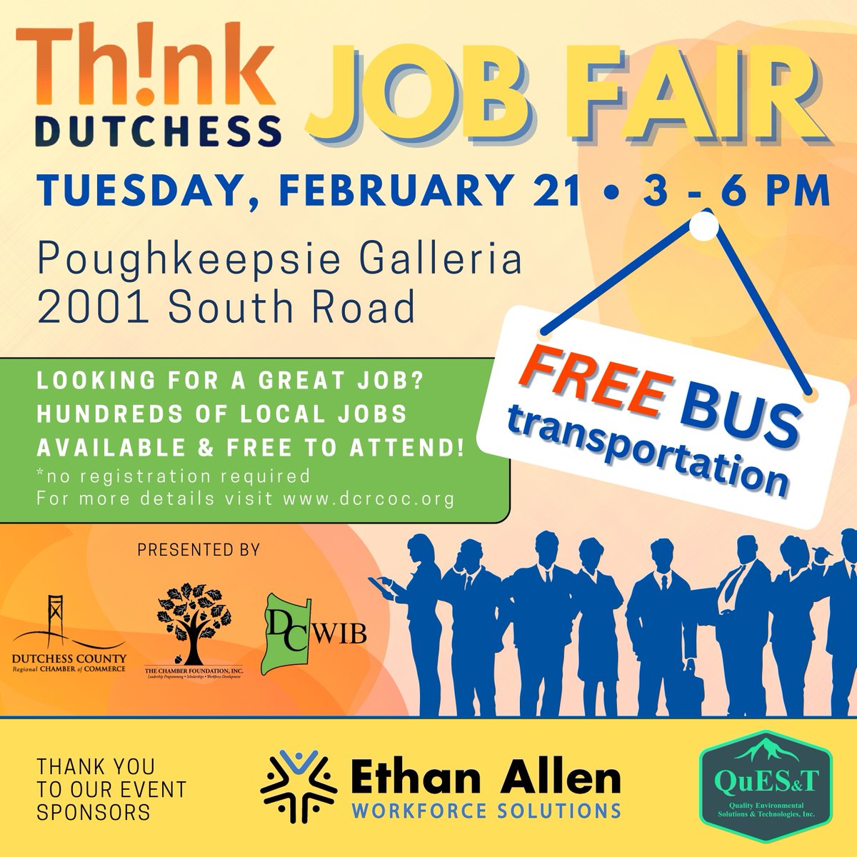 Job hunting? Save the date for Feb. 21 at the Poughkeepsie Galleria. More details at dcrcoc.org/jobfair

#hiring #dutchesscounty #poughkeepsie #jobfair #hudsonvalleyjobs #worklocalfirst #thinkdutchess
