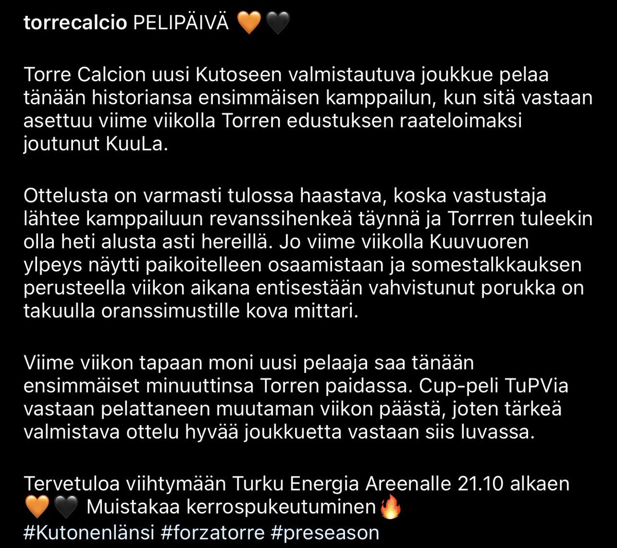 TorreCalcio's tweet photo. Tänään taas pelataan! Iskussa tänään Torre Calcio 2 🧡🖤 #Kutonenlänsi #Torrecalcio https://t.co/UcgH07Vqx2
