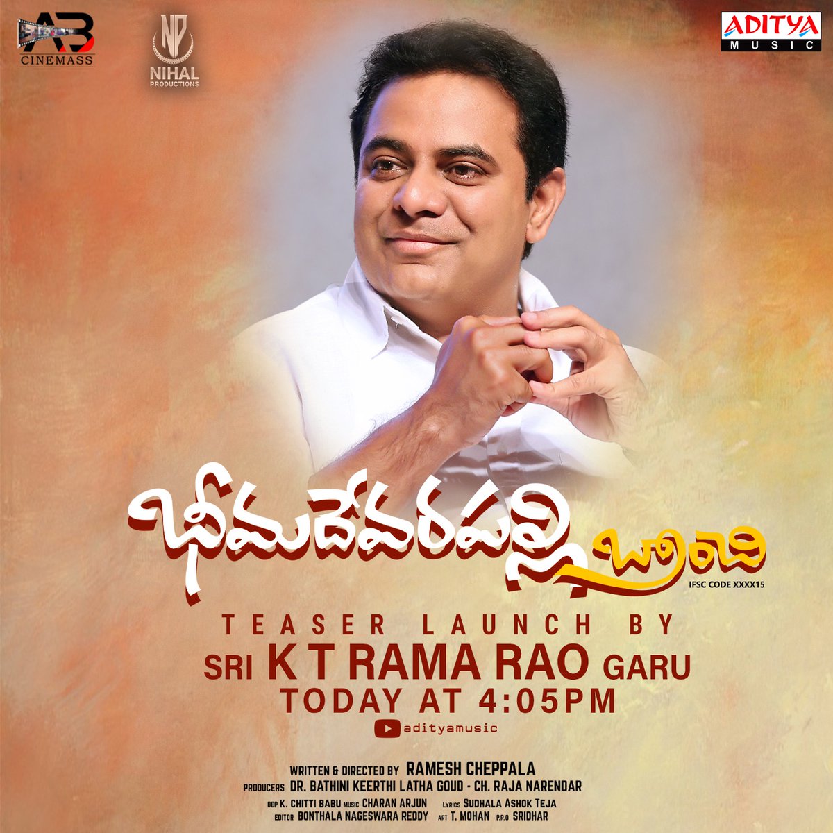 Itsmevaram's tweet photo. Our Beloved Minister @KTRBRS garu Launched #BheemadevarapalliBranchi  movie Teaser today at 4:05 pm 
➡️https://t.co/0nzd6wxt7J

#BheemadevarapalliBranchi 
@KTR_News @KTRoffice @LathaBathini @rajcramesh1 #ChRajaNarendra #roopa #charanarjum @adityamusic https://t.co/YWxFPgTsYI