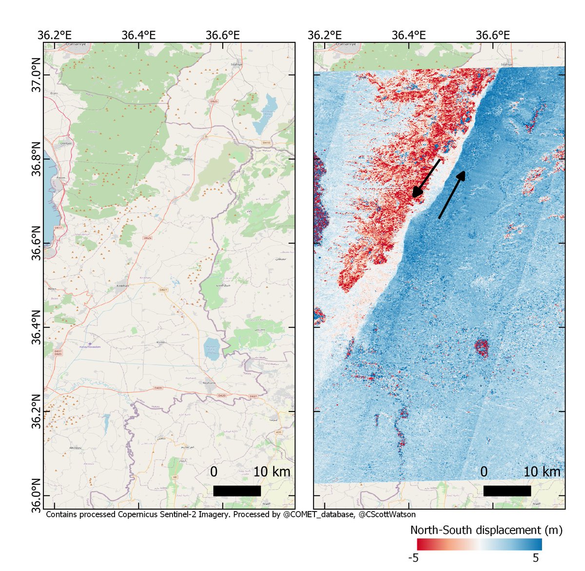Turkey-Syria Earthquake displacement from pixel tracking with Sentinel-2 imagery. Data at: tinyurl.com/4cbs8kuw