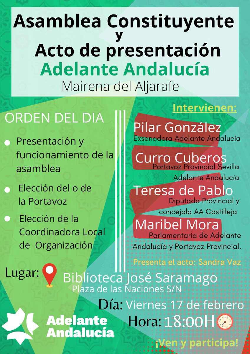 AdelanteAnAljfe's tweet photo. El viernes 17 constituimos Asamblea Local de #MairenadelAljarafe y después la presentación de Adelante Andalucía, intervendrán nuestra exsenadora @Pilaresdiferent,nuestro Portavoz Prov. @Curro_Cuberos nuestra Diputada Prov. @teresapablo y nuestra Parlamentaria @MaribelMoraG https://t.co/X6dMPplg5D