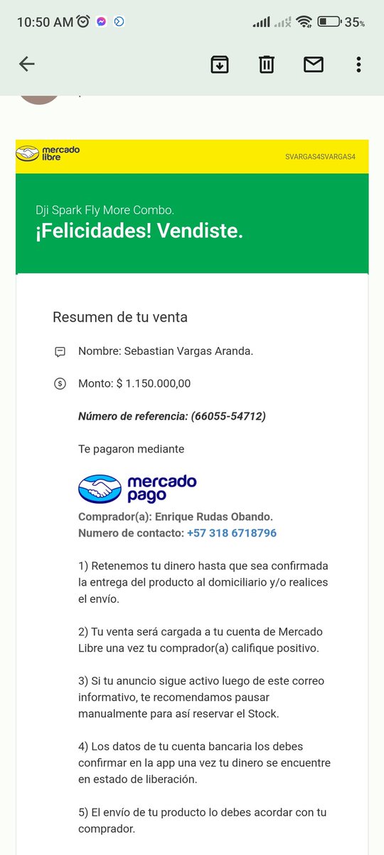 SebastianV1098's tweet photo. @ML_Colombia ayúdenme a verificar está venta por favor, me llegaron dos correos https://t.co/jXAlHcaUuB