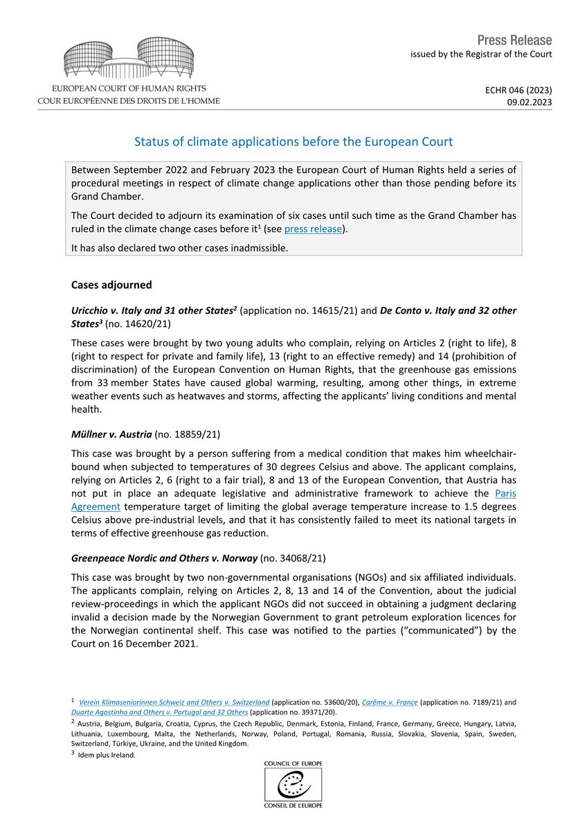 Status of climate applications before the European Court
hudoc.echr.coe.int/app/conversion…
#ECHR #CEDH #ECHRpress