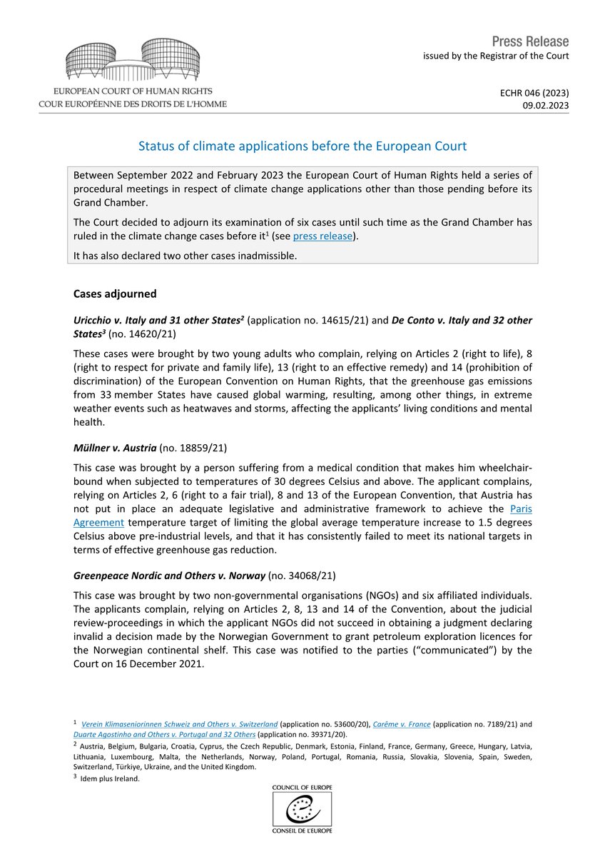 Status of climate applications before the European Court hudoc.echr.coe.int/app/conversion… #ECHR #CEDH #ECHRpress