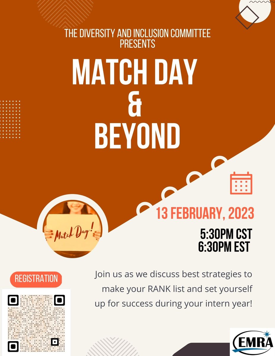 SandraJCoker's tweet image. EMRA Diversity &amp;amp; Inclusion Committee presents Back to Basics: Match Day and Beyond! Join us on Monday, 2/13 at 5:30pm CST to discuss rank lists, ending 4th year, and getting prepared for intern year. 
#EMRA #MatchDay #MedTwitter

✨Register here: us02web.zoom.us/j/86762523243?…