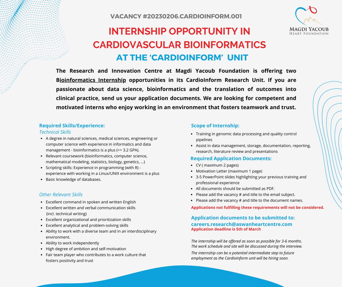 _s_halawa's tweet image. Internship Positions Open in Cardiovascular Bioinformatics @ Magdi Yacoub Foundation
#CardioInform #bioinformatics #data_science #cardiovascular #translational_research