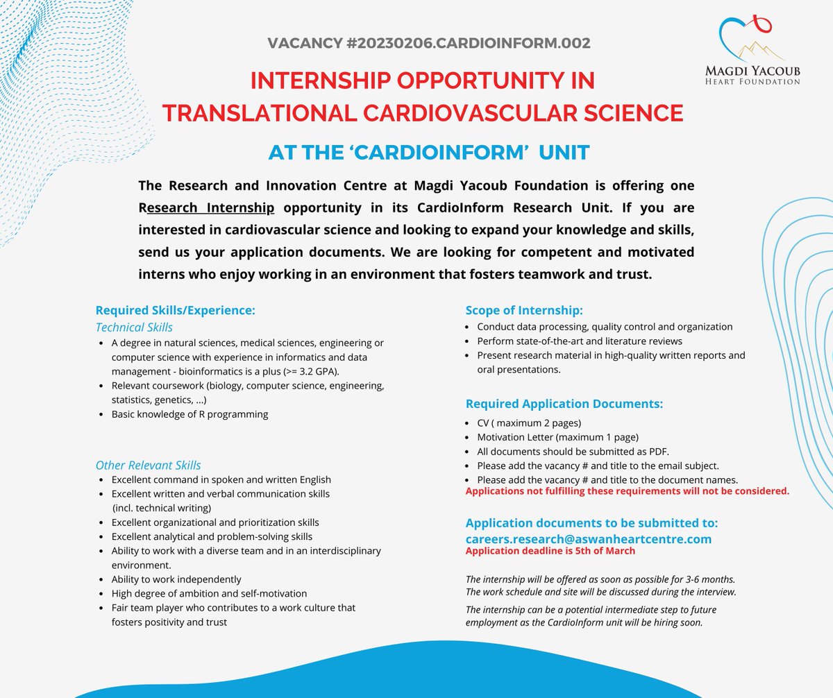 _s_halawa's tweet image. Internship Positions Open in Cardiovascular Bioinformatics @ Magdi Yacoub Foundation
#CardioInform #bioinformatics #data_science #cardiovascular #translational_research