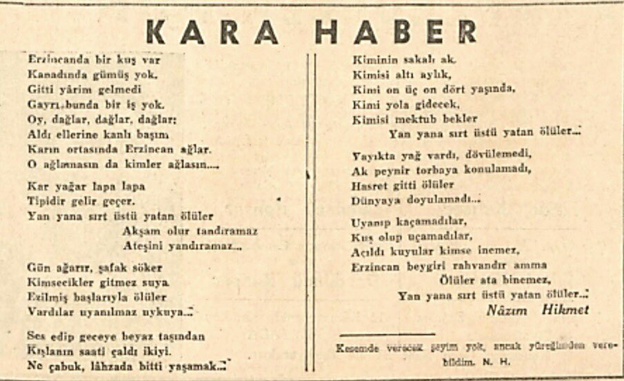MetinUca's tweet photo. 1939 yılı 27 Aralık günü sabahın erken saatleri, 7.9’luk bir depremle 32 bin canımızı yitireceğimiz büyük bir acı yaşıyoruz Erzincan’da. Şimdi Nazım Hikmet’in 2 Ocak günü cezaevinden yazdığı şiire bakın aynı çaresizliğimizin yetmezliğimizin ders alamayışımızın izlerini görün🇹🇷 https://t.co/ppyaKNLrnE