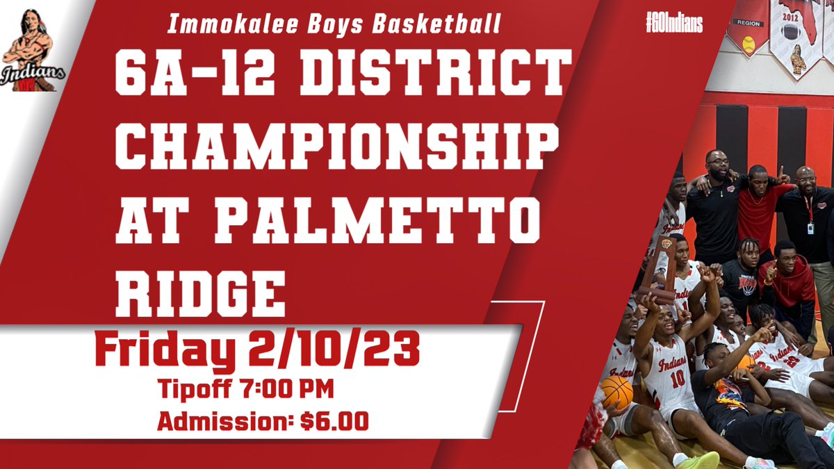 6A-12 District Championship! Friday night at Palmetto Ridge. We need all of Immokalee there!! #GoIndians #Redwood