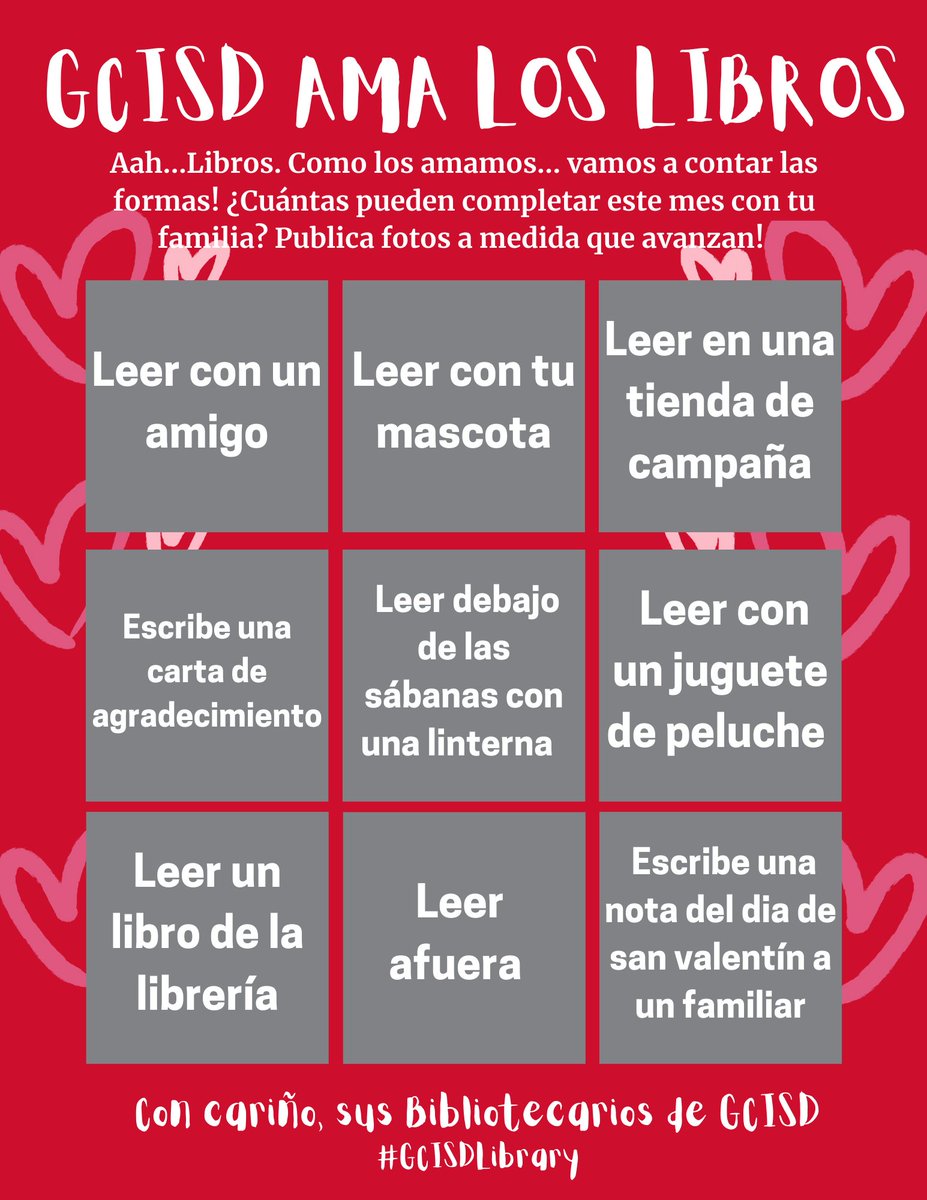 How many photo squares has your family filled in?
This month, our librarians are asking students to show how they read and they created this fun photo challenge to complete. Take pictures completing each challenge and fill in the card to show your love for reading! #GCISDLibrary