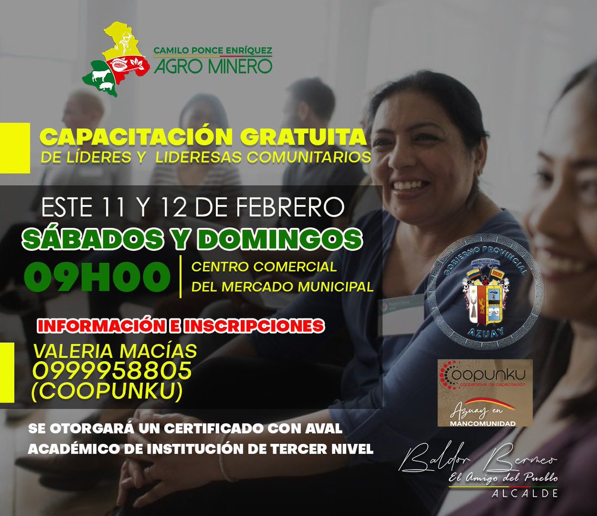 Hacemos la cordial  invitación a la capacitación gratuita de líderes y lideresas comunitarios.

<a href="/AzuayPrefectura/">Prefectura del Azuay</a>