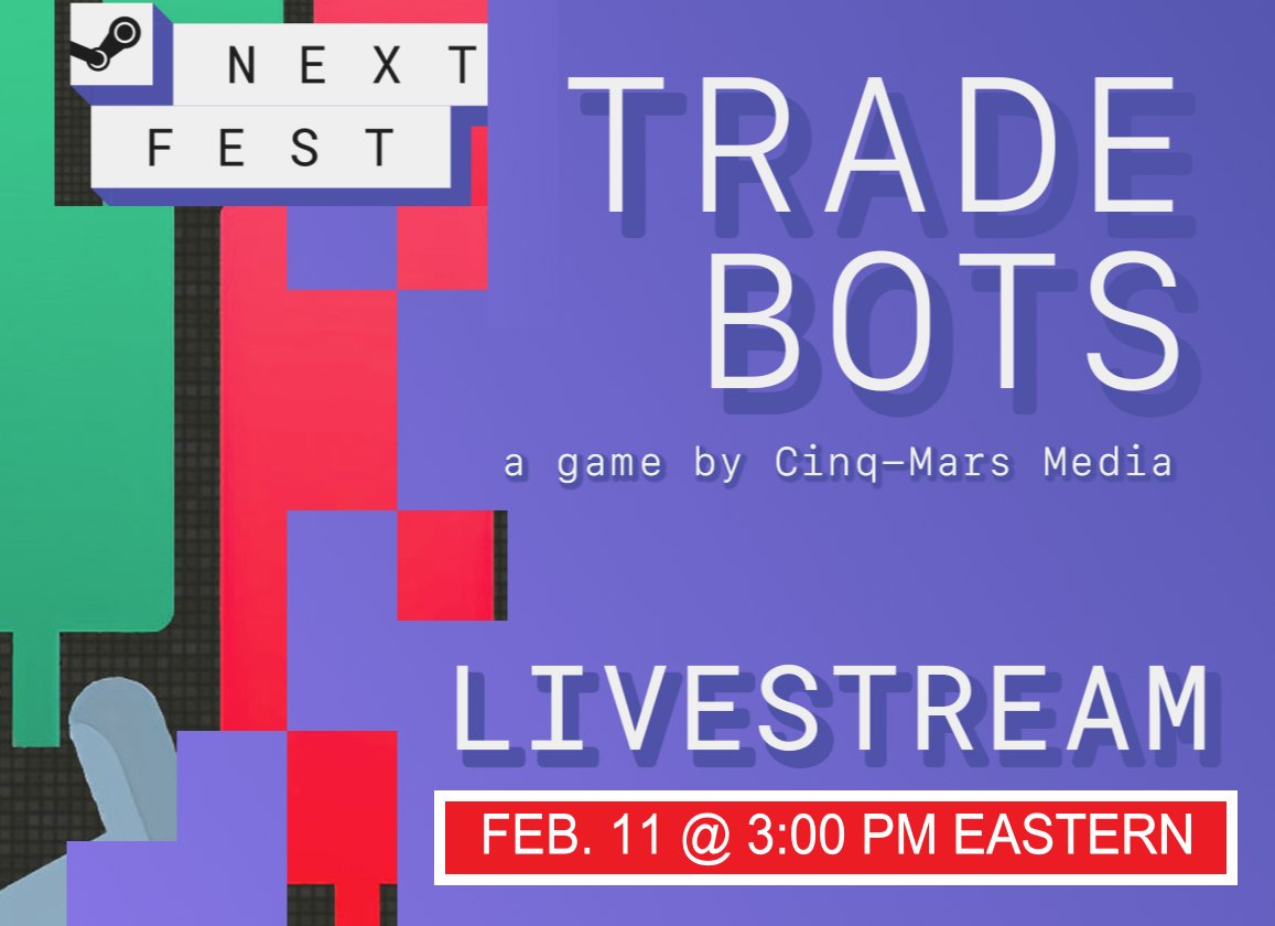 cinqmarsmedia's tweet image. Our new game, Trade Bots, has a free Steam demo out now. Join our livestream on Saturday! #SteamNextFest
store.steampowered.com/news/app/18993…