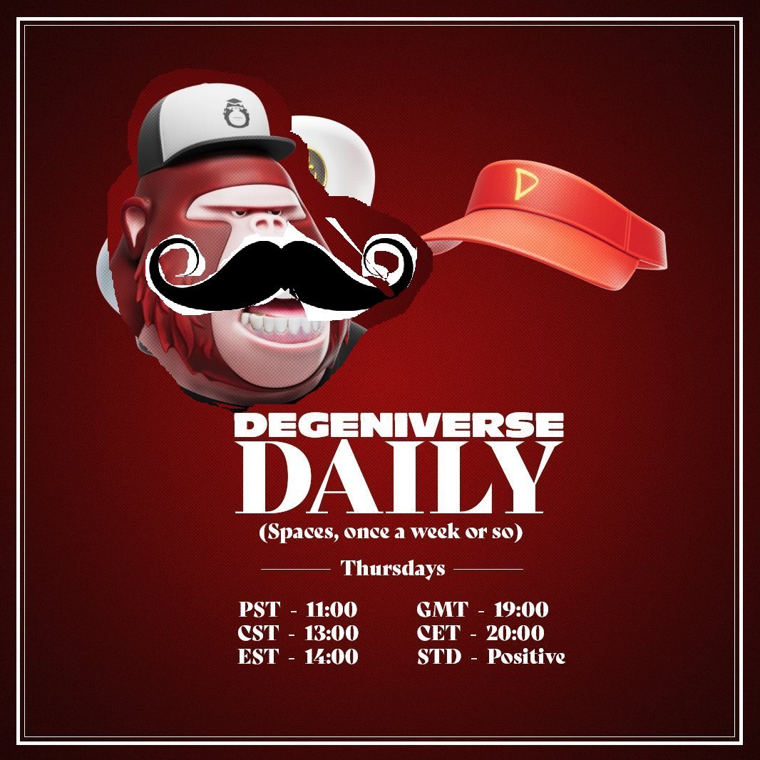 DegenApeAcademy's tweet image. Just around 3h until this week's Degeniverse Daily. @Sea_Eoh is afk so @NickyScanz will be playing the role of @DegenService's lovely assistant. 👬