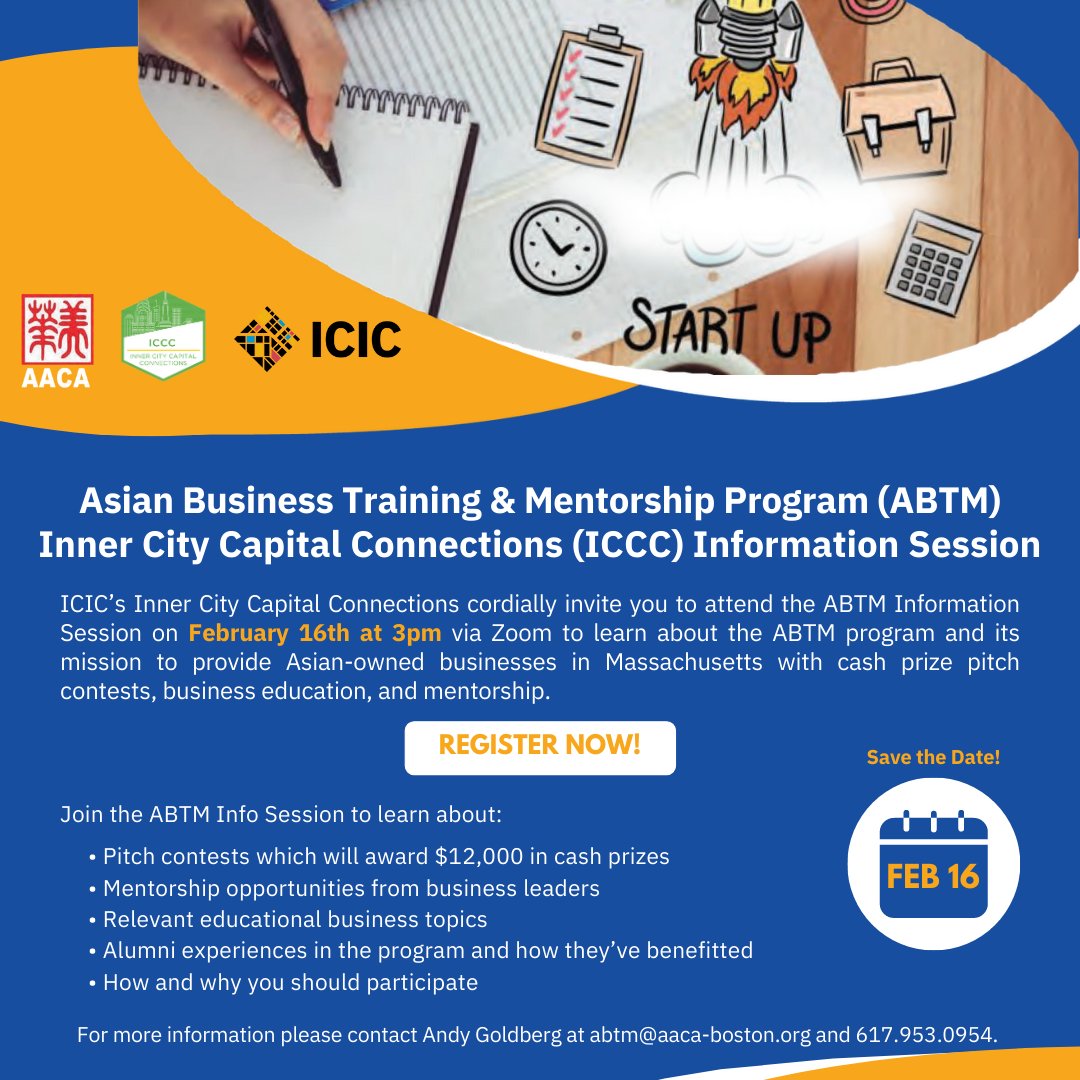 We are excited to partner with @AACABoston for an info session to discuss the Asian Business Training & Mentorship Program and its mission to provide Asian-owned businesses in MA with business education and mentorship!

Learn more and register here: ow.ly/KE3J50MOjLV