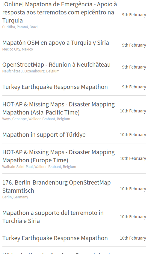 If you are looking to do some #TurkeySyriaEarthquake solidarity mapping and you'd like to do it with others, there are a bunch of community mapathons being organised. Check out osmcal.org for details!