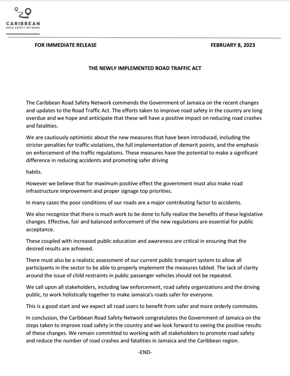 Caribbean Road Safety Network says it commends the Government on recent changes and updates to the Road Traffic Act.