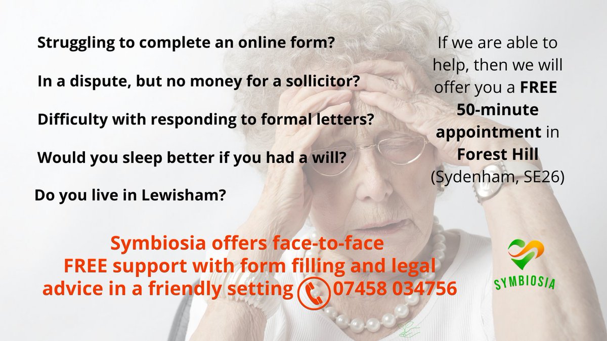 Please email info@symbiosia.org.uk or phone 07458 034756 for more info and to book.

Due to funding criteria, only Lewisham residents who experience financial and/or emotional hardship are eligible at this stage.

#socialcare #freesupport #Lewisham #symbiosia