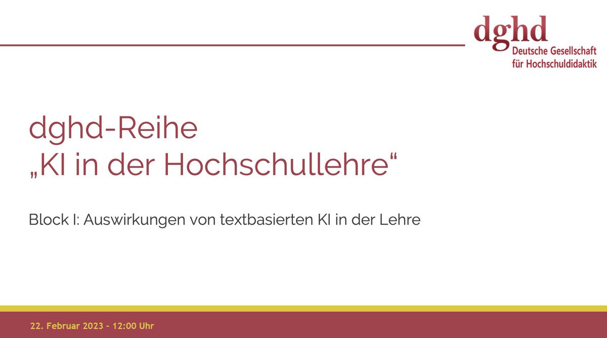 22.02. 12:00 Uhr die nächste Veranstaltung der Reihe #dghd_ki zum Thema #KI in der #Hochschullehre
Wozu sind wir hier? Eine wertebasierte #Reflexion und Diskussion zu #ChatGPT in #Forschung und #Lehre
Prof. Dr.  Reinmann der @HULunihh
Organisation @dghd_info, <a href="/PSY_dghd/">PSY_dghd</a> #agdmhd