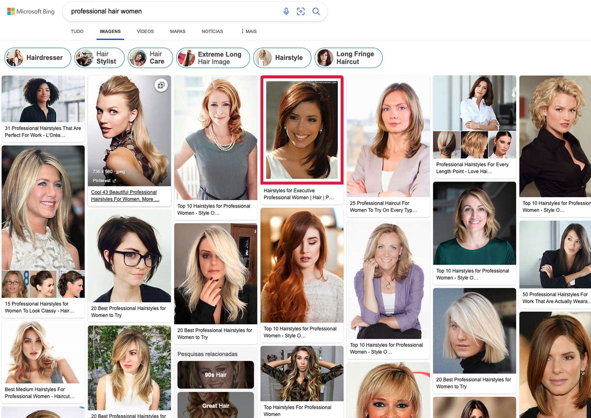 LuizaJarovsky's tweet photo. Today I used Bing for the first time (incognito) to check the AI hype. It looks like Microsoft still has to catch up with 2016 discussions on algorithmic bias, algorithmic amplification, racism, etc.

Compare below professional hair vs. unprofessional hair. cc.: @satyanadella https://t.co/VPG1lTgRAP