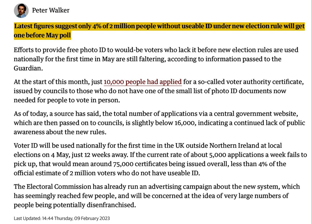 The Government is having few successes, if any, bigger than its attempts to reduce the potential for likely opponents to be able to vote through over bureaucratic, and hugely expensive (£180m), requirements for Photo ID at polling stations. #voterID