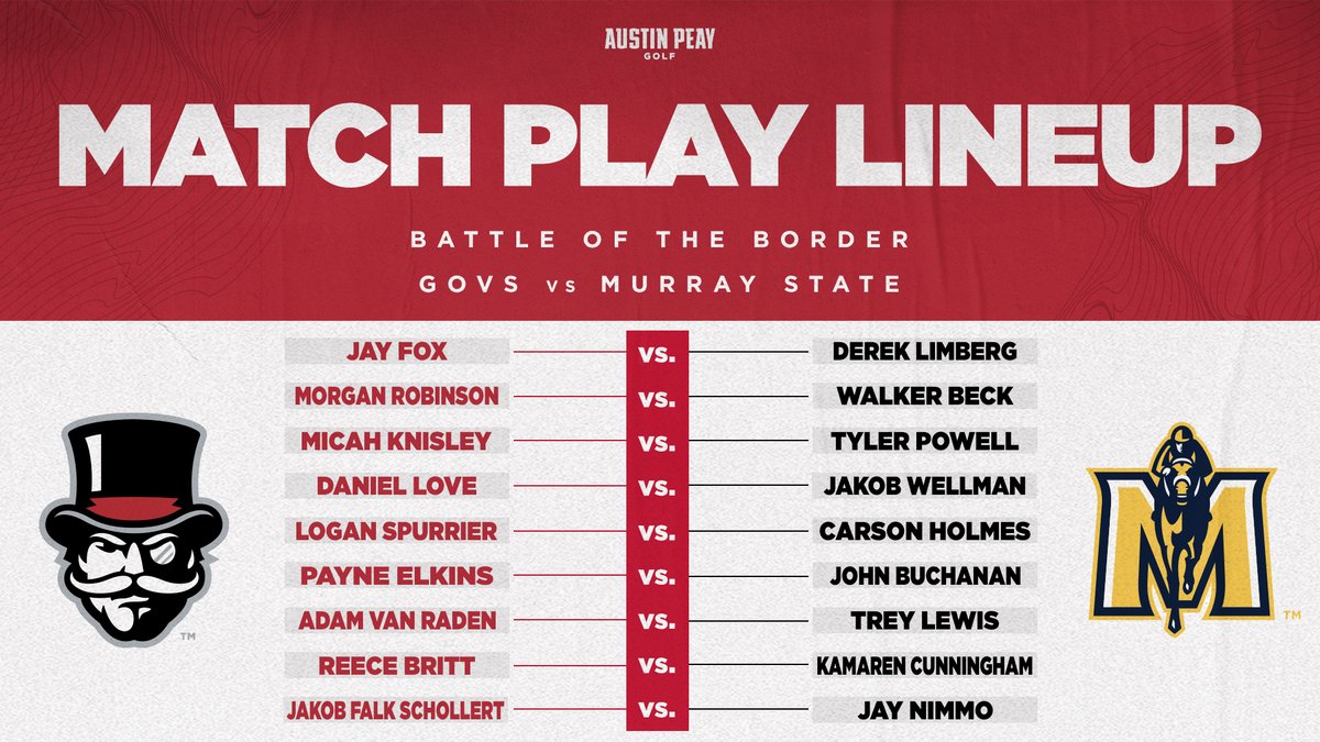 GovsMGO's tweet image. 𝗕𝗔𝗧𝗧𝗟𝗘 𝗢𝗙 𝗧𝗛𝗘 𝗕𝗢𝗥𝗗𝗘𝗥 𝗠𝗔𝗧𝗖𝗛 𝗣𝗟𝗔𝗬 🎩⛳️

Our dudes against the Racers. First group tees off at 11:30 AM at Hopkinsville County Club.

#BeatMurray | #LetsGoPeay