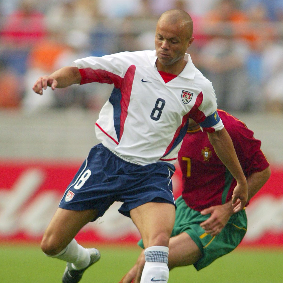 ussoccer's tweet photo. 𝐌𝐨𝐦𝐞𝐧𝐭𝐬 𝐈𝐧 𝐁𝐥𝐚𝐜𝐤 𝐇𝐢𝐬𝐭𝐨𝐫𝐲:

June 5, 2002 – Earnie Stewart became the first Black player to captain a U.S. senior team at a FIFA World Cup when he wore the armband in the @USMNT’s 3-2 upset of Portugal. https://t.co/E0nS5E4FdF