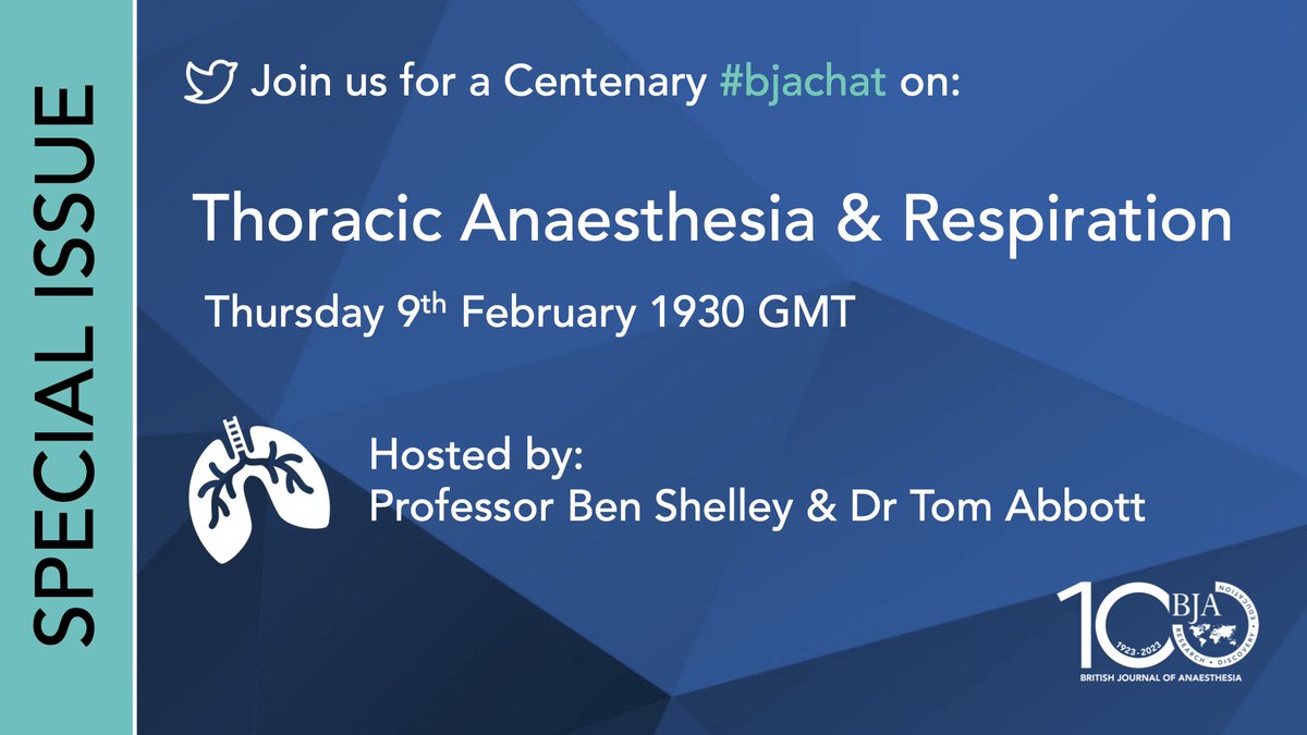 BJAJournals's tweet image. Join us TONIGHT for a Twitter chat on Thoracic Anaesthesia &amp;amp; Respiration. 

Editors @GJanaesresearch and @_tomabbott chat with the authors of 4 papers about their work.

@aglass01 @anomoorthy @GPollockMD @sachinkheterpal 

Thursday 9th February at 1930 GMT. #bjachat #thoracic