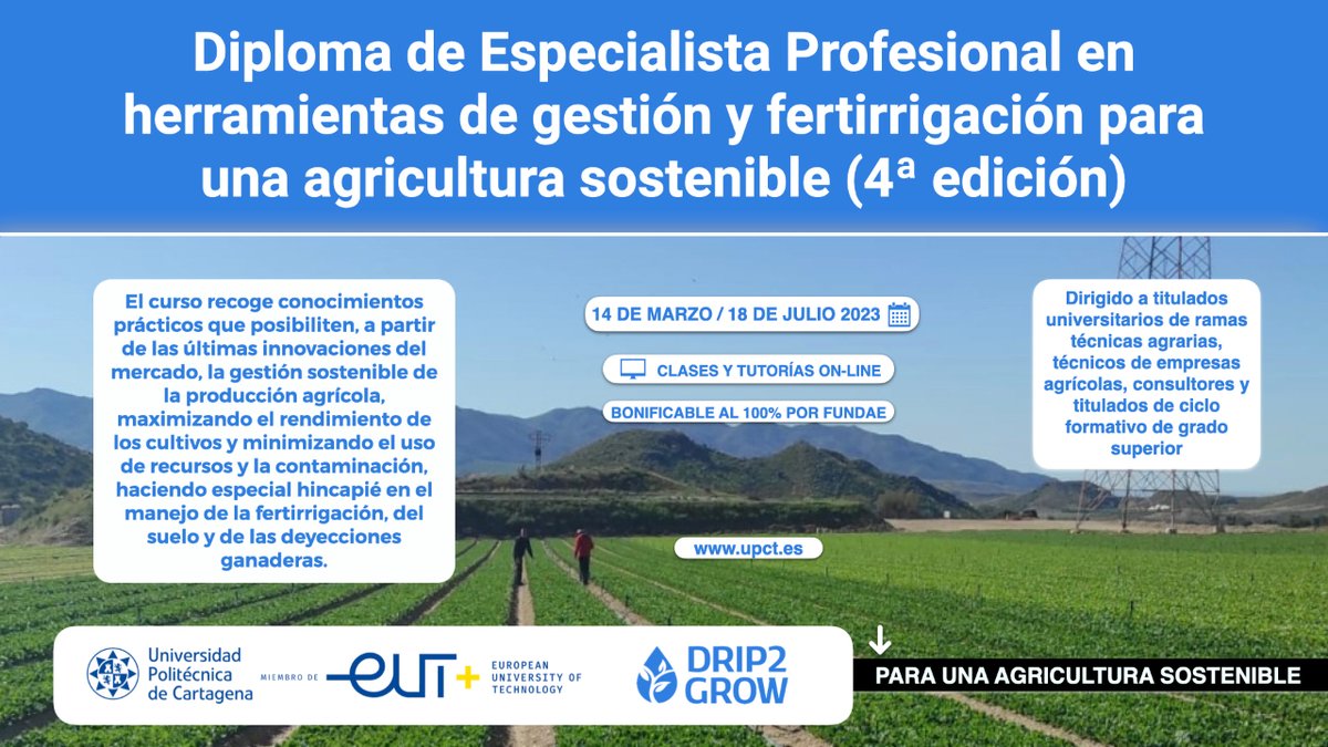 Drip2Grow's tweet photo. 📚 #FormacionDrip2grow
La plataforma #drip2grow y todas nuestras empresas integrantes, apuestan por la formación en Tecnología de la Fertirrigación, Manejo del suelo y biodiversidad agrícola y Manejo de subproductos ganaderos, para una #agriculturasostenible. https://t.co/I3UAK7ZpTA