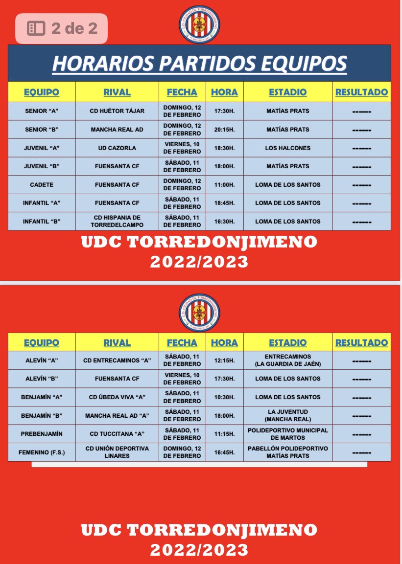 UDCTOFICIAL's tweet photo. ⚽️|TEMPORADA 22/23|⚽️
HORARIOS DE LOS PARTIDOS QUE DISPUTARÁN NUESTROS EQUIPOS EN ESTA PRÓXIMA JORNADA.
#UDCT22/23
🟥⬜️🟥⬜️ https://t.co/87MYJh8YfX