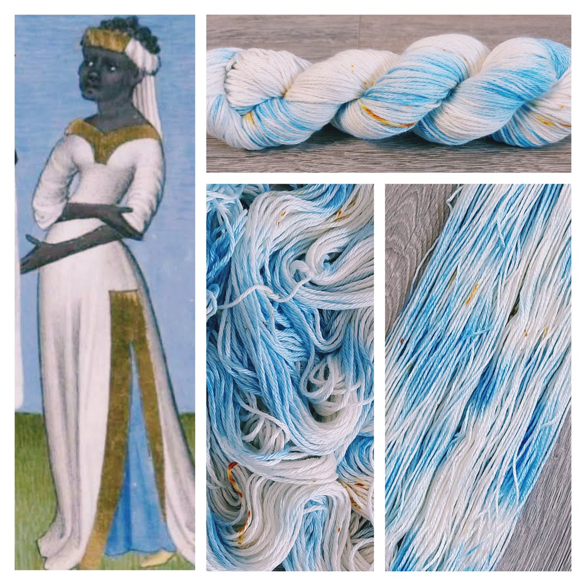 Today's feature is one of my fave medieval women. A Black fair maiden from 1411 in a French manuscript. I gave her yarn soft blue strips &amp; some flecks of gold. It's called "Black Fair Maiden." I think this will look pretty as a sweater. #RepublicOfYarnia 
#BlackHistoryMonth