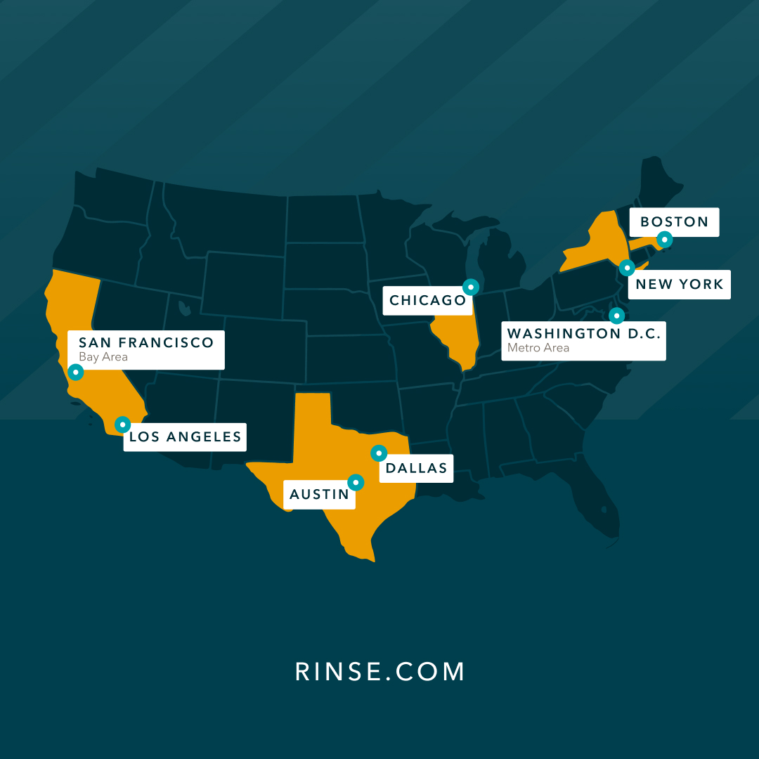 Did you know Rinse serves customers in 8 markets across the country? We're in the San Francisco Bay Area, Los Angeles, Chicago, New York City, Boston, Washington D.C. Metro Area, Austin, and Dallas! Where should we end the endless laundry cycle next?