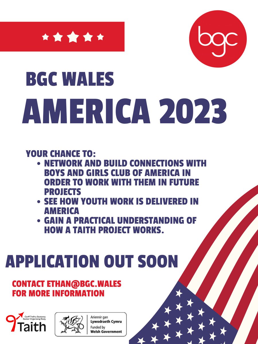 BGCWales's tweet photo. Really exciting opportunity for our BGC Wales network 🥳Like to join us in our trip to America? 🤠🇺🇸 Then keep an eye on your inboxes as the application form is out TOMORROW 📧📭@TaithWales @WCIA_Wales @CWVYS @YWWales #internationalyouthwork https://t.co/LeVXqnpUBD