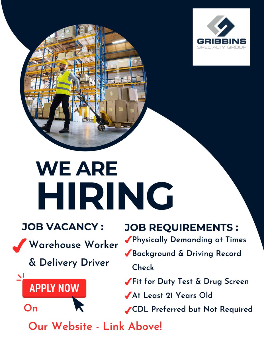 GribbinsInsCo's tweet image. We need full or part-time employees to work in our warehouse! 
$16-$18 per hour starting pay!
Full-time position comes with a  FULL &amp;amp; COMPETITIVE benefits package!
APPY NOW!
key.gribmob.com:8282/Careers/browse…

#workone #job #helpwanted #contractor
