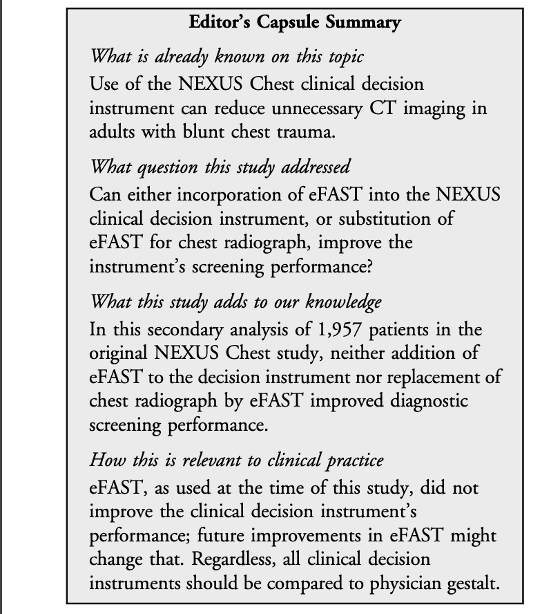AnnalsofEM's tweet photo. Hot off the Press: Effect of the Extended-Focused Assessment with Sonography for Trauma on the Screening Performance of the NEXUS Chest Decision Instrument https://t.co/s1d5HGHGbM @mmgrade https://t.co/kYLm64FjXp