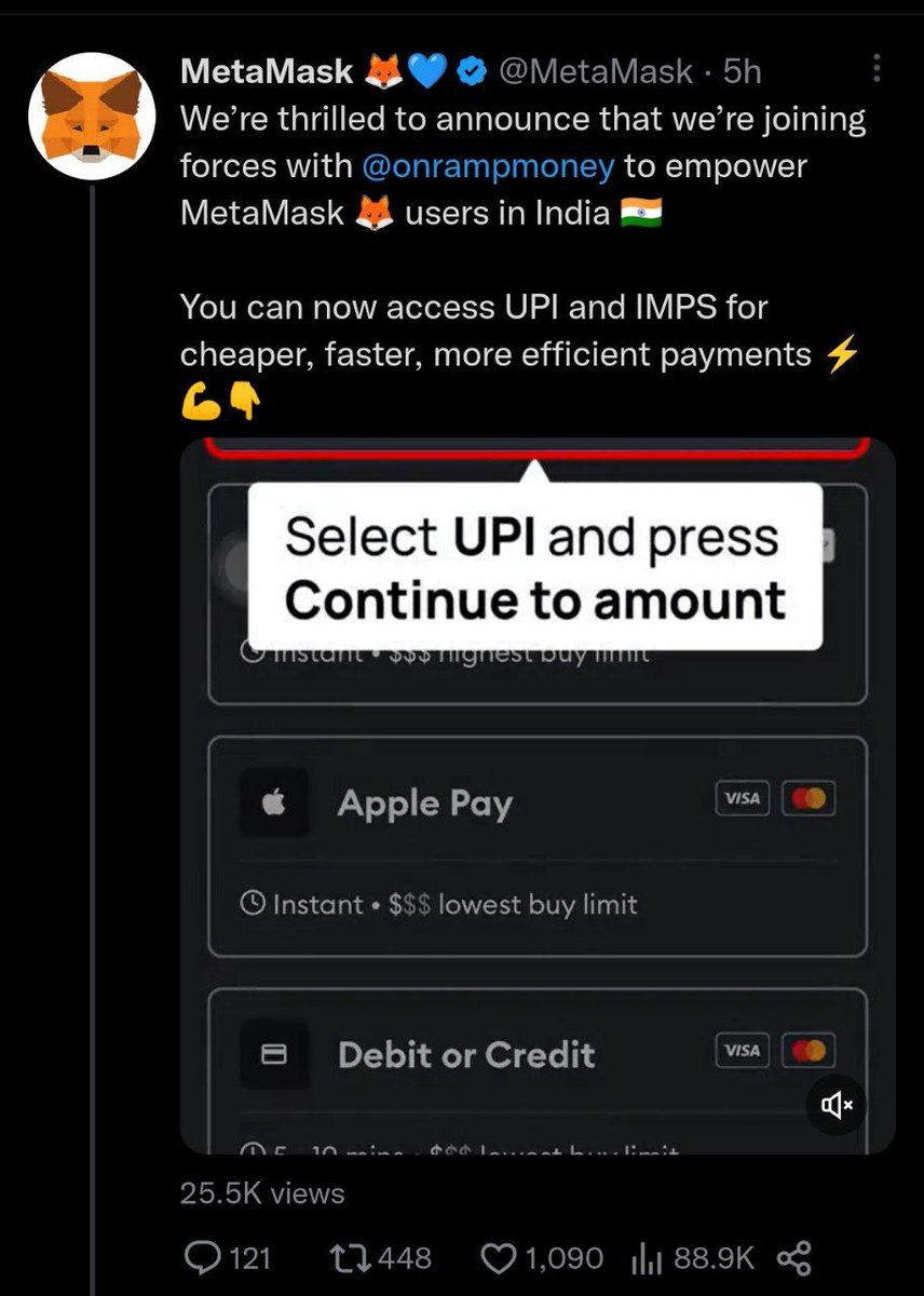 techiebots's tweet photo. Metamask accepting UPI Payments 🔥
Huge step in the right direction 😍

Those who think crypto is dead.....wait till 2025 everyone will be using it and you cannot do anything to Stop it 💯 https://t.co/EEWCmcBhdU