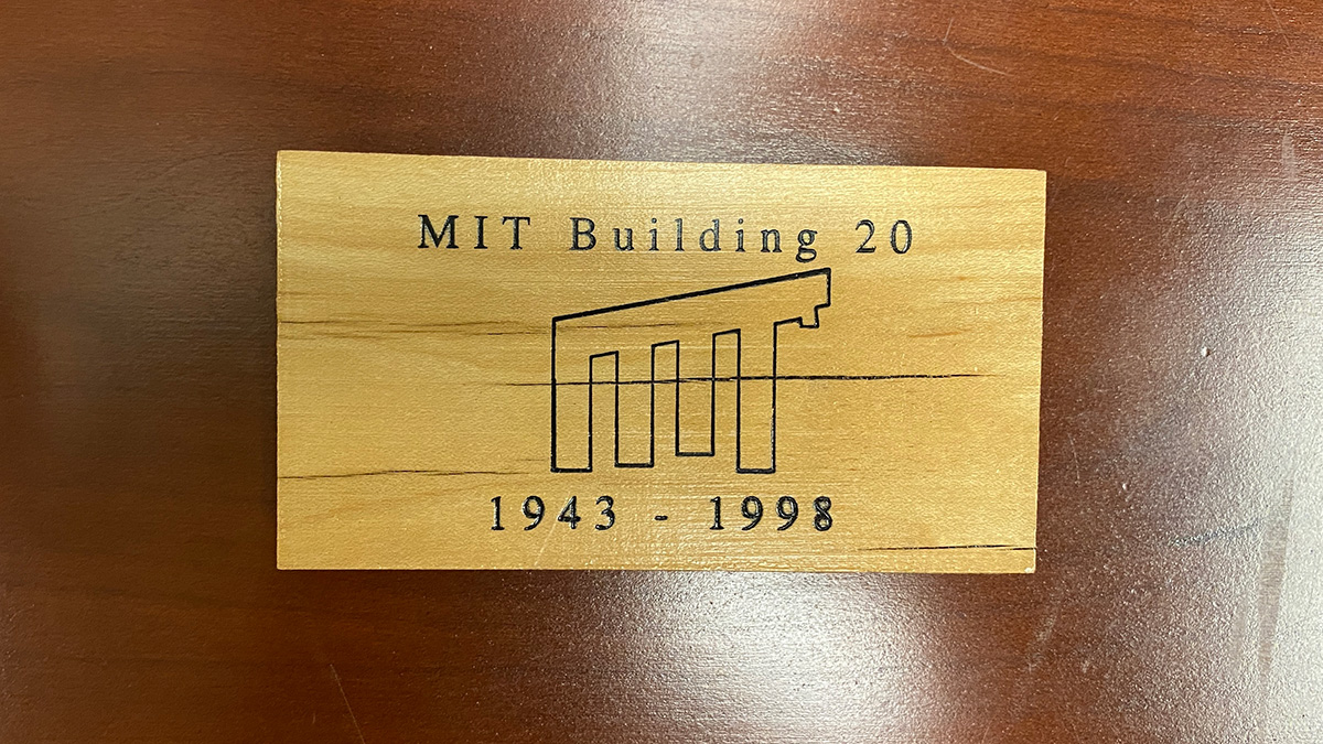 As this commemorative wood block in W92 notes, 2023 marks the 25th anniversary of the end of MIT’s famed Building 20, located where the Stata Center (Building 32) is now. Learn more about the history of Building 20 at infinite.mit.edu/video/mits-bui….