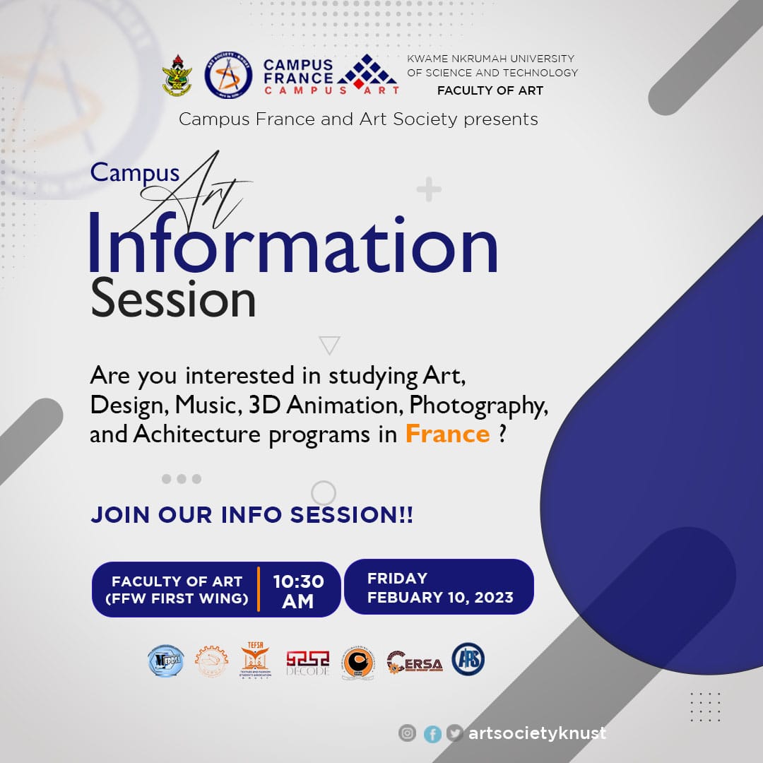 CampusFranceGH's tweet photo. Are you ready for the campus art information session tomorrow? Join us at 10:30 am at the First Floor Wing of the Faculty of Art, KNUST and get creative!
#KNUST #Arts #Creativity #Inspiration #ArtInfoSession #CampusArtInterview #Tomorrow #ExploreTheWorld #LetsMakeArt https://t.co/XaVo3o4lIy