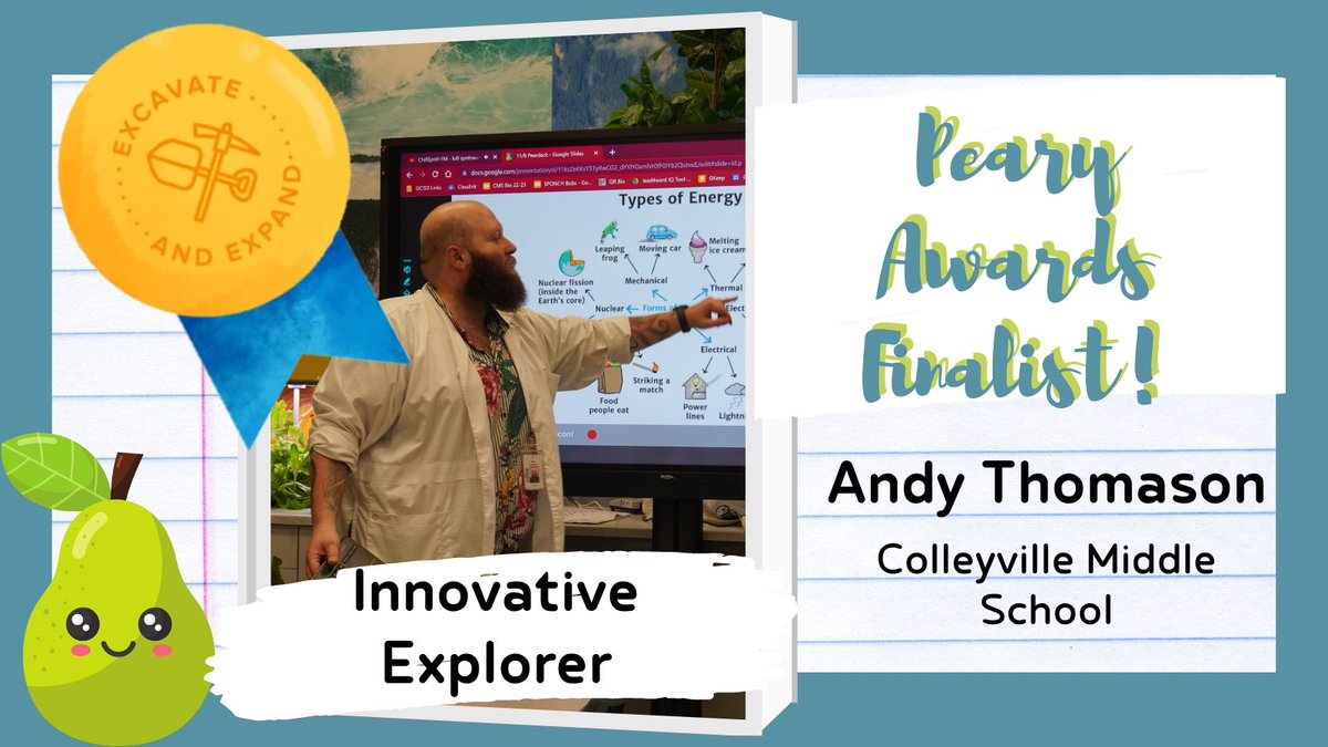 GCISDigital's tweet image. 🎉 Congratulations to our @PearDeck Peary Award Finalist, @AndyTCMS! He was nominated in the category Innovative Explorer. 
• • •
🍐 Vote for a winner in each category by February 16th!
@GCISD @CmsColts #GCISDigital #PearDeck
peardeck.com/peary-awards