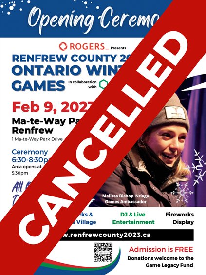 Tonight's Opening Ceremony for the Renfrew County 2023 Ontario Winter Games has been cancelled due to the weather. 
See our release here bit.ly/3lmK6Do
#OWG2023 #RenfrewCounty2023 #RenfrewCounty 
@RenfrewCounty
 @PeterEmon1
 @CraigAKelley
 @donohueranch