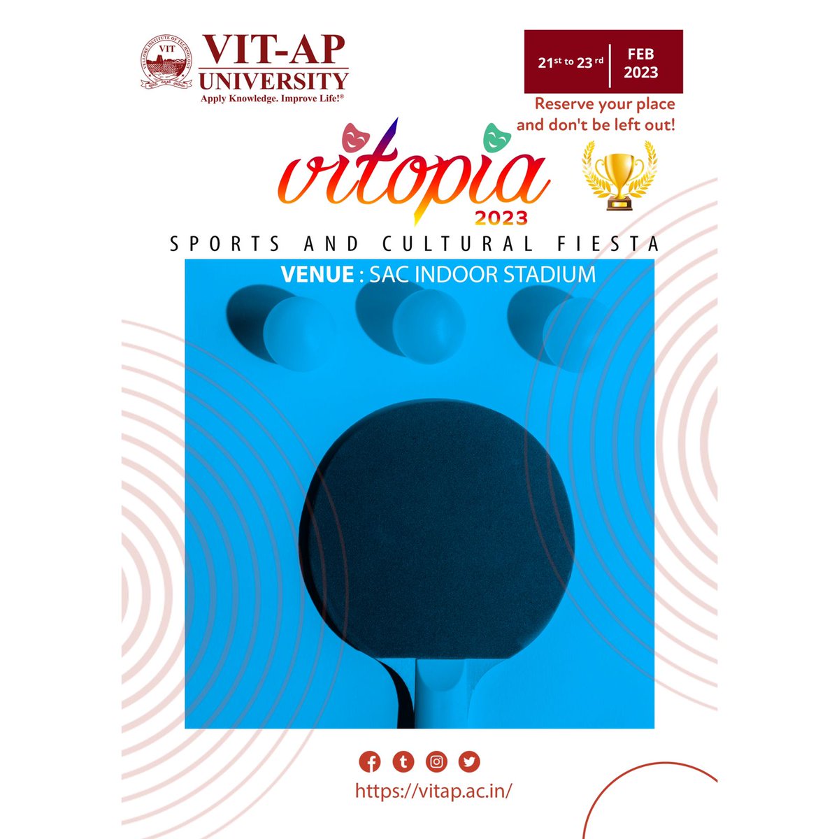 VITAPuniversity's tweet photo. Hello everyone! It is time to show the world that a strong serve can make all the difference. 

Perfect your serve and have an incredible time at VITopia 2023 by registering before 14th February, 2023. 

#fiesta #vitap #sports #vitopia2k23 #sportsfest #tabletennis https://t.co/2tSqF49t8K