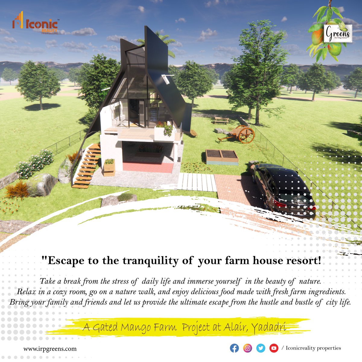 iconic__reality's tweet photo. "Escape the hustle and bustle of city life and find peace and tranquility at our farm house resort! Relax in the beautiful countryside and connect with nature. Book your stay now and immerse yourself in the serenity of our farm house. #FarmHouseResort #Tranquility #Escape #Nature https://t.co/cIwb2GIGrp