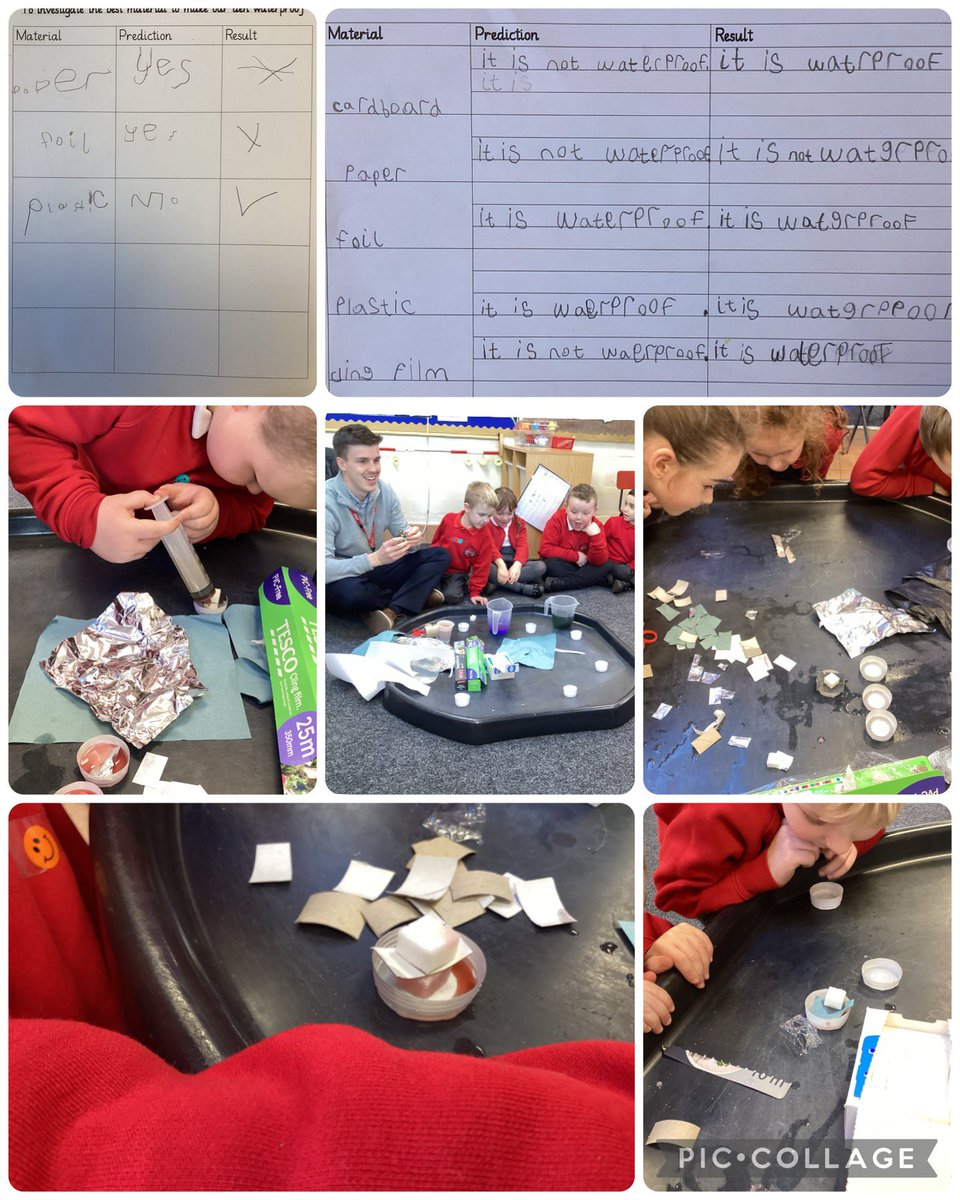 Today we conducted a test in dosbarth un. We have been busy building dens in our outdoor sessions as part of our new topic and we wanted to find a suitable material that would keep us all dry. We ran a test to see just how waterproof each material was.